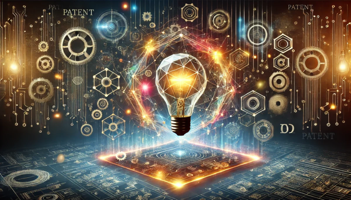 L'immagine raffigura un concetto futuristico di innovazione e brevetto, rappresentato visivamente con ingranaggi e circuiti interconnessi. Al centro, una lampadina luminosa simboleggia l'idea creativa, circondata da schemi tecnici e strutture geometriche che richiamano processi meccanici e tecnologici. Il tema dei brevetti è richiamato più volte nel design, con l'uso di ingranaggi e connessioni che trasmettono un senso di ingegneria e invenzione. La scena è avvolta in colori luminosi e metallici, creando un'atmosfera di tecnologia avanzata e innovazione intellettuale.