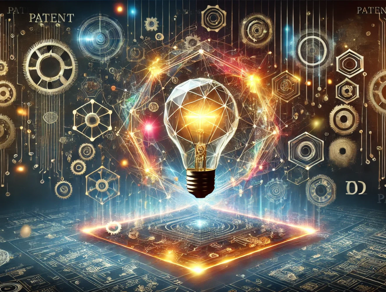L'immagine raffigura un concetto futuristico di innovazione e brevetto, rappresentato visivamente con ingranaggi e circuiti interconnessi. Al centro, una lampadina luminosa simboleggia l'idea creativa, circondata da schemi tecnici e strutture geometriche che richiamano processi meccanici e tecnologici. Il tema dei brevetti è richiamato più volte nel design, con l'uso di ingranaggi e connessioni che trasmettono un senso di ingegneria e invenzione. La scena è avvolta in colori luminosi e metallici, creando un'atmosfera di tecnologia avanzata e innovazione intellettuale.