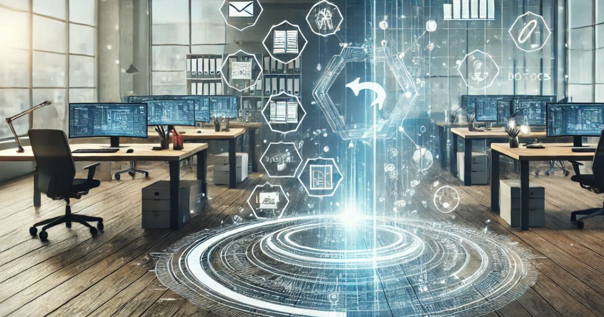 L'immagine mostra un ufficio moderno con diversi monitor su scrivanie e un'interfaccia digitale olografica sovrapposta, caratterizzata da icone relative a documenti, comunicazione, dati e connettività. Questa sovrapposizione digitale futuristica sembra simboleggiare concetti come il networking, la trasformazione digitale e gli ambienti professionali guidati dalla tecnologia.