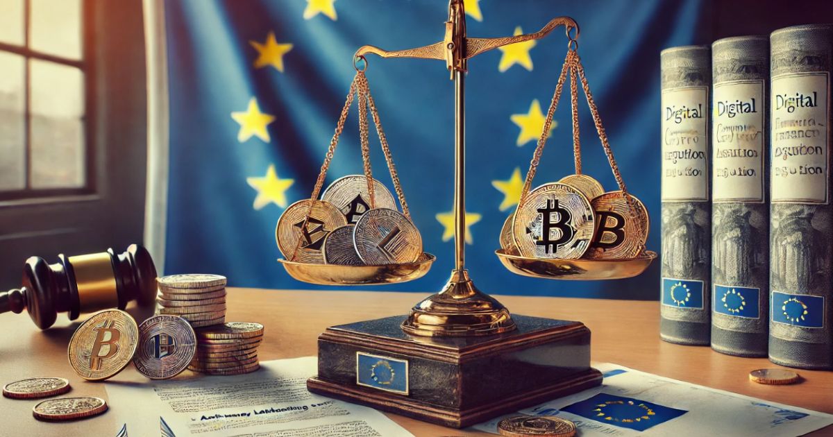 L'immagine rappresenta simbolicamente la regolamentazione delle criptovalute nel contesto dell'Unione Europea. Mostra una bilancia che pesa varie criptovalute, tra cui Bitcoin ed Ethereum, sullo sfondo della bandiera dell'UE. Sono presenti documenti legali, monete e rotoli marchiati con il simbolo dell'UE, sottolineando il tema della legislazione e regolamentazione delle valute digitali all'interno dell'Unione Europea.