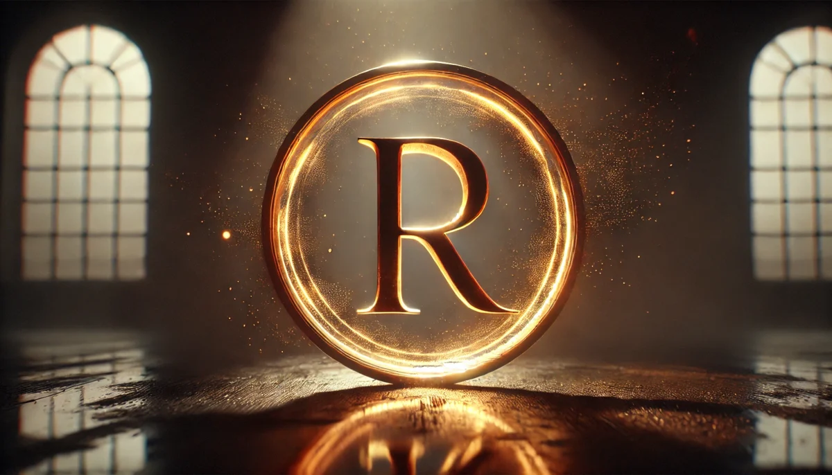 Simbolo di marchio registrato (®) stilizzato, rappresentato con una grande lettera 'R' dorata all'interno di un cerchio luminoso dorato. L'immagine ha un effetto brillante con riflessi dorati sul pavimento e uno sfondo scuro con finestre ad arco illuminate dalla luce.