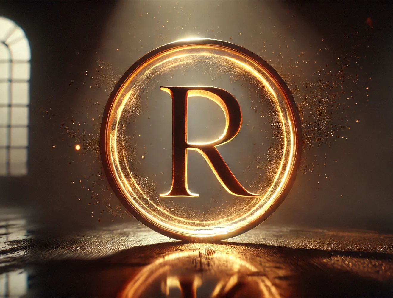 Simbolo di marchio registrato (®) stilizzato, rappresentato con una grande lettera 'R' dorata all'interno di un cerchio luminoso dorato. L'immagine ha un effetto brillante con riflessi dorati sul pavimento e uno sfondo scuro con finestre ad arco illuminate dalla luce.