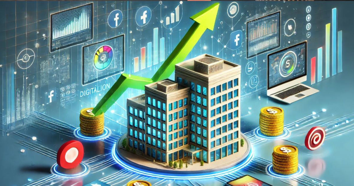 L'immagine mostra un grafico che rappresenta la crescita di un'azienda, illustrata con un grande edificio al centro e una freccia verde rivolta verso l'alto. Intorno all'edificio, ci sono icone di vari social media e strumenti digitali come Facebook, Google, e grafici di dati. Ci sono anche delle monete impilate che simboleggiano la crescita finanziaria.