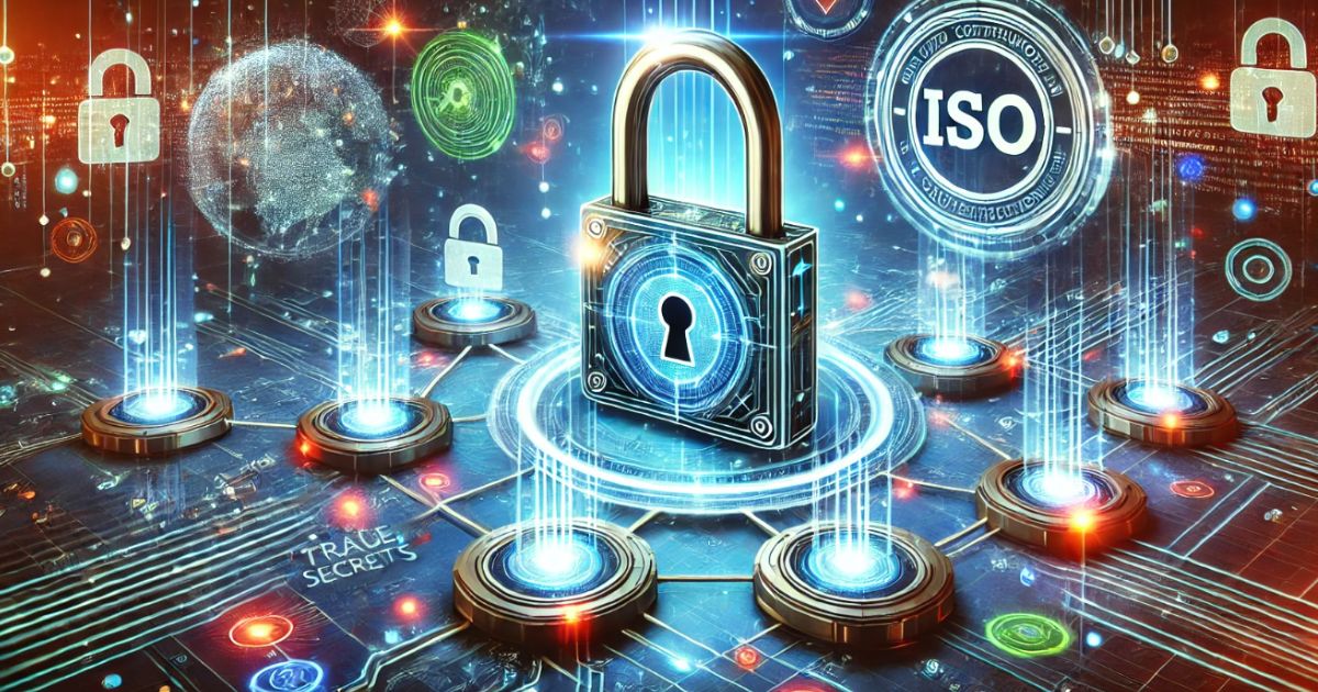 Illustrazione digitale che raffigura un grande lucchetto centrale con elementi tecnologici intorno, rappresentanti la sicurezza informatica. Sullo sfondo, un globo terrestre composto da punti luminosi e simboli di lucchetti. Sono presenti anche vari simboli ISO e la scritta