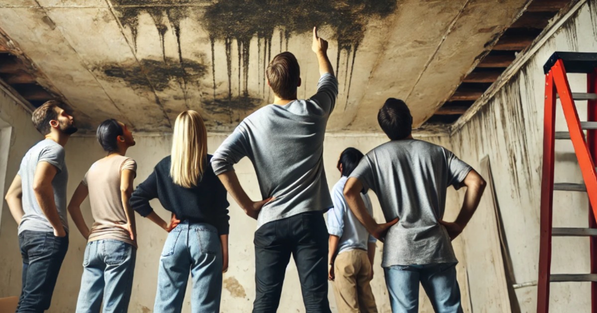 Un gruppo di persone osserva un soffitto danneggiato con evidenti segni di muffa e umidità. Uno degli individui, in posizione centrale, sta indicando una particolare area del soffitto. Sul lato destro dell'immagine si può vedere una scala rossa. La stanza ha un aspetto trascurato, con pareti in cattive condizioni e senza decorazioni.