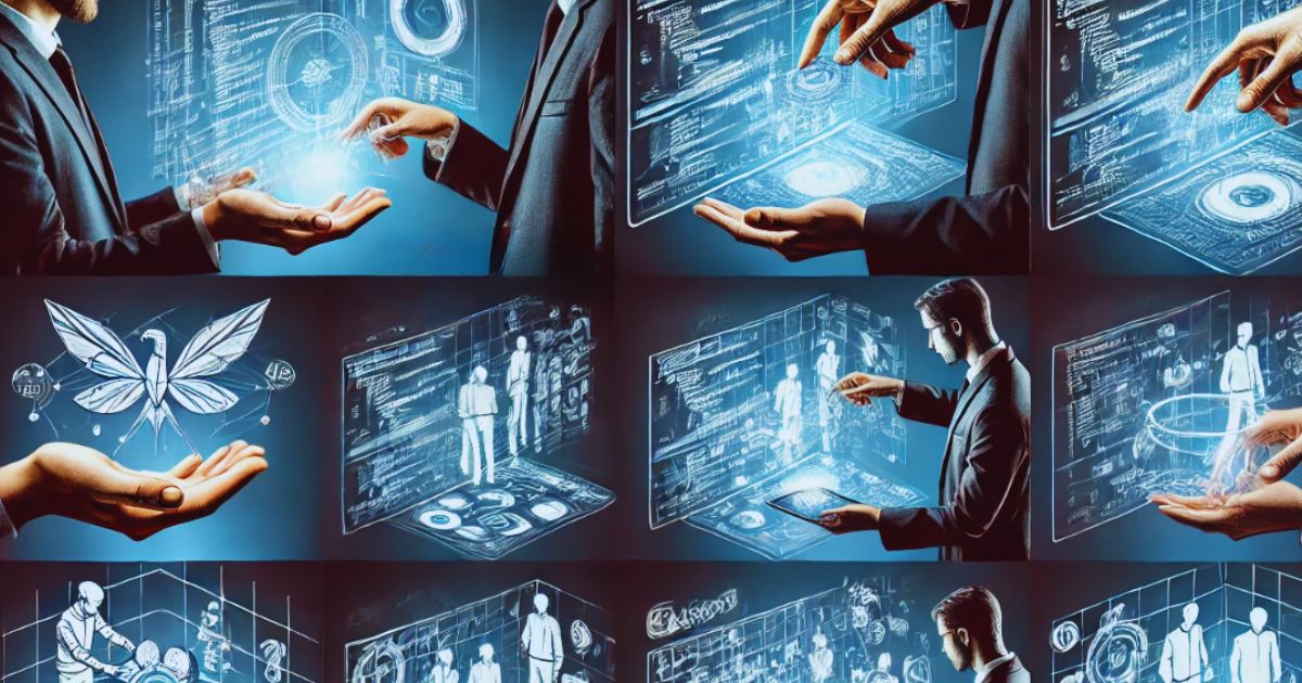 Immagine composta da diverse scene che mostrano persone in abiti formali interagire con schermi olografici futuristici. Gli ologrammi raffigurano vari elementi digitali come grafici, diagrammi, figure umane, e una farfalla stilizzata. Le mani delle persone sembrano manipolare e controllare gli elementi digitali fluttuanti, creando un'atmosfera di alta tecnologia e innovazione digitale.