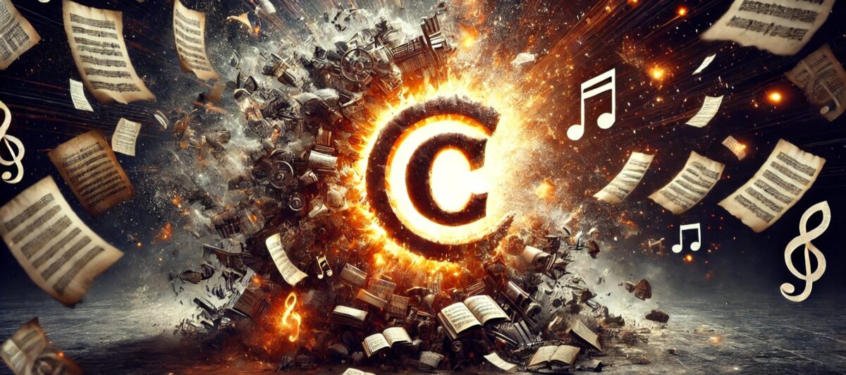 Esplosione creativa intorno al simbolo del copyright, con spartiti musicali, libri e note che rappresentano il diritto d'autore e la protezione delle opere dell'ingegno creativo.