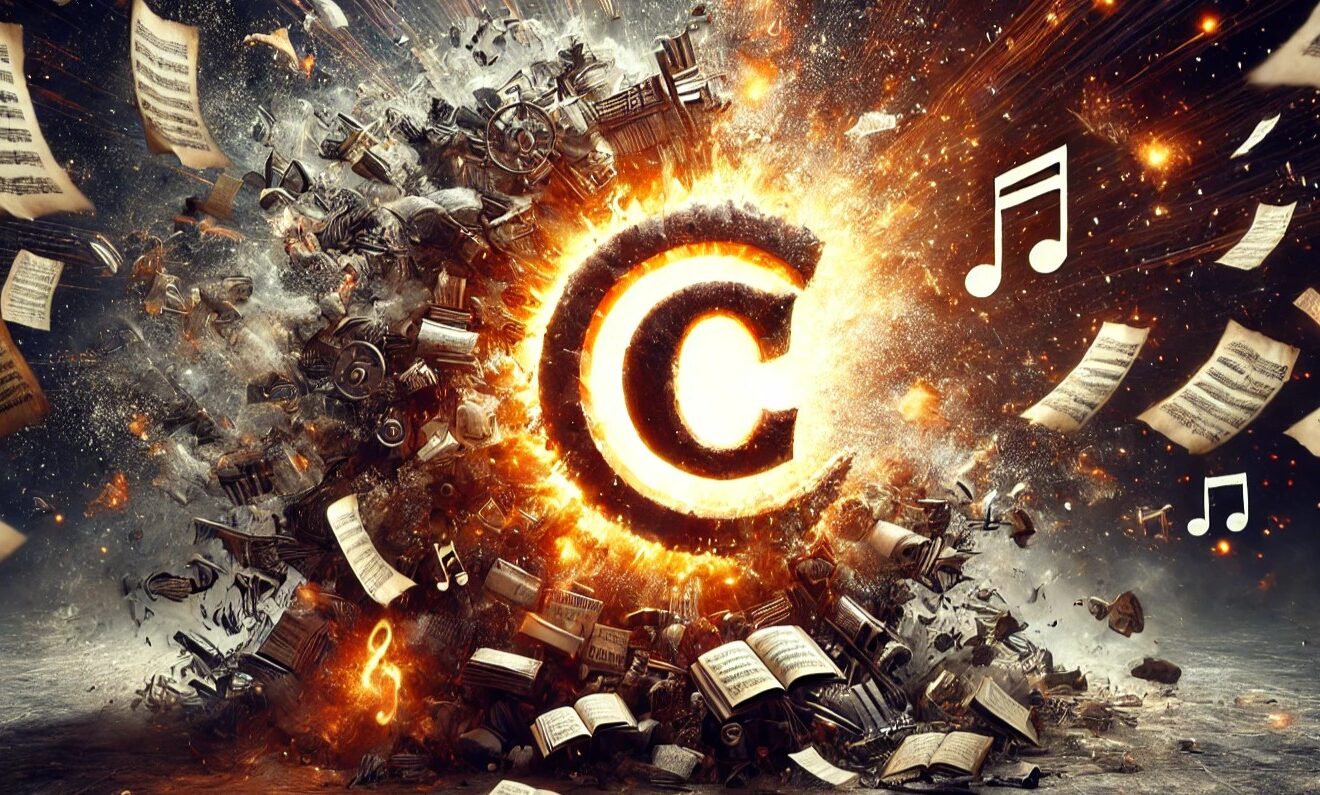 Esplosione creativa intorno al simbolo del copyright, con spartiti musicali, libri e note che rappresentano il diritto d'autore e la protezione delle opere dell'ingegno creativo.