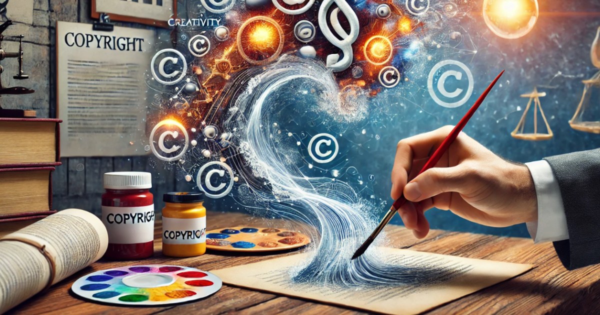 L'immagine rappresenta una mano che tiene un pennello e dipinge un flusso astratto di colori e simboli di copyright, che emergono da una tavolozza di colori e da un foglio di carta. Sullo sfondo si notano diversi simboli di copyright e strumenti legali, come bilance della giustizia, suggerendo un tema legato alla creatività e alla protezione dei diritti d'autore.