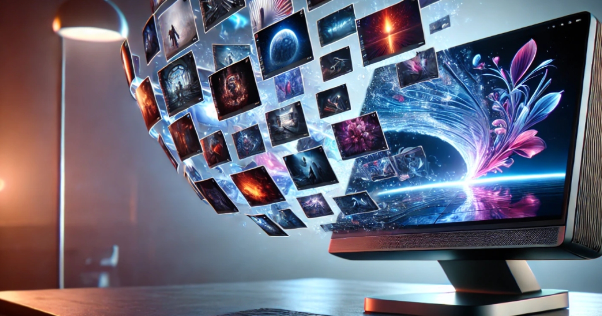 Un computer con uno schermo futuristico da cui emergono centinaia di immagini digitali fluttuanti, raffiguranti scenari fantastici e astratti. L'effetto visivo richiama il concetto di creatività digitale, condivisione di contenuti e protezione delle opere artistiche online. A futuristic computer screen with hundreds of floating digital images depicting abstract and fantasy scenes. The visual effect conveys the idea of digital creativity, content sharing, and the protection of artistic works online.