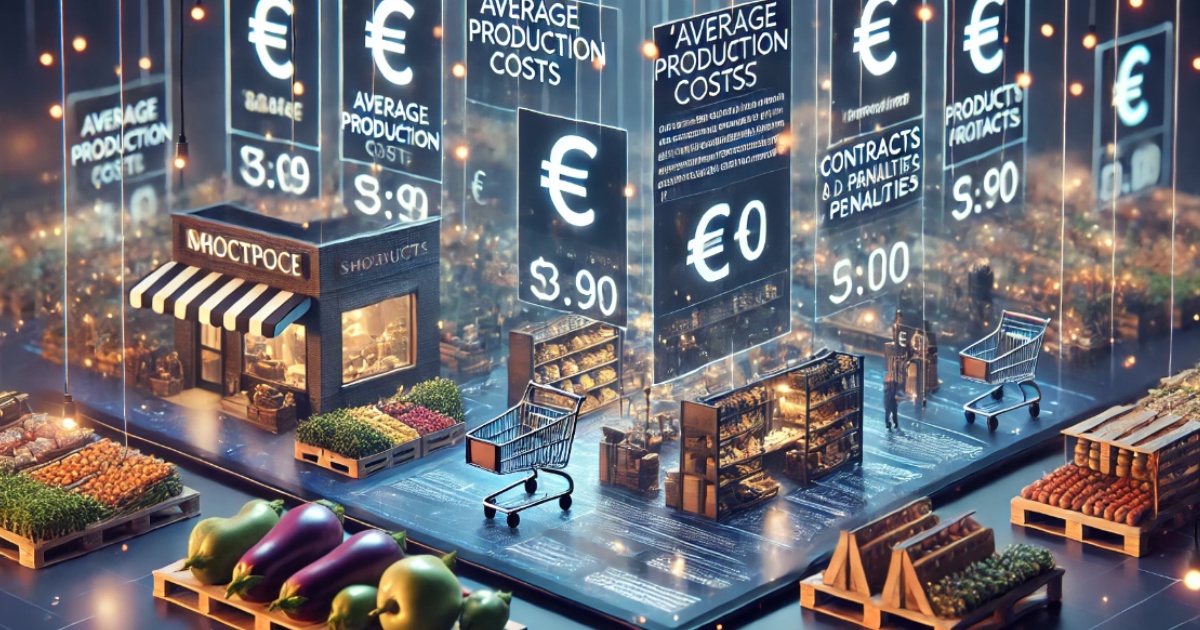 L'immagine mostra una rappresentazione futuristica di un mercato con vari stand di prodotti freschi e generi alimentari, inclusi frutta, verdura e pane. Gli stand sono affiancati da carrelli della spesa e i prezzi dei prodotti sono proiettati in euro su schermi digitali trasparenti. Gli schermi mostrano anche informazioni come i costi medi di produzione, contratti e penali. L'atmosfera è luminosa e tecnologica, con un piccolo negozio centrale sotto una tenda a strisce bianche e nere. Le verdure in primo piano includono melanzane e zucchine.