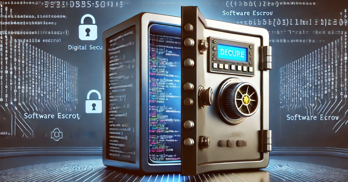 L'immagine raffigura una cassaforte digitale aperta, da cui si intravedono linee di codice all'interno. Intorno alla cassaforte ci sono simboli di sicurezza come lucchetti e scritte che indicano