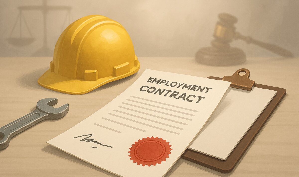 Illustrazione semi-realistica di una scrivania ordinata con un contratto di lavoro certificato al centro, evidenziato da un sigillo rosso di certificazione. Accanto al documento si trovano un casco da cantiere giallo, una chiave inglese e una cartelletta. Sullo sfondo sfocato si intravedono simboli legali come la bilancia della giustizia e un martelletto, a richiamare il tema della certificazione del contratto di lavoro.