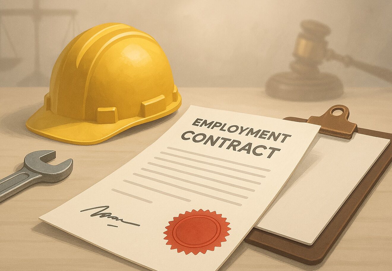 Illustrazione semi-realistica di una scrivania ordinata con un contratto di lavoro certificato al centro, evidenziato da un sigillo rosso di certificazione. Accanto al documento si trovano un casco da cantiere giallo, una chiave inglese e una cartelletta. Sullo sfondo sfocato si intravedono simboli legali come la bilancia della giustizia e un martelletto, a richiamare il tema della certificazione del contratto di lavoro.