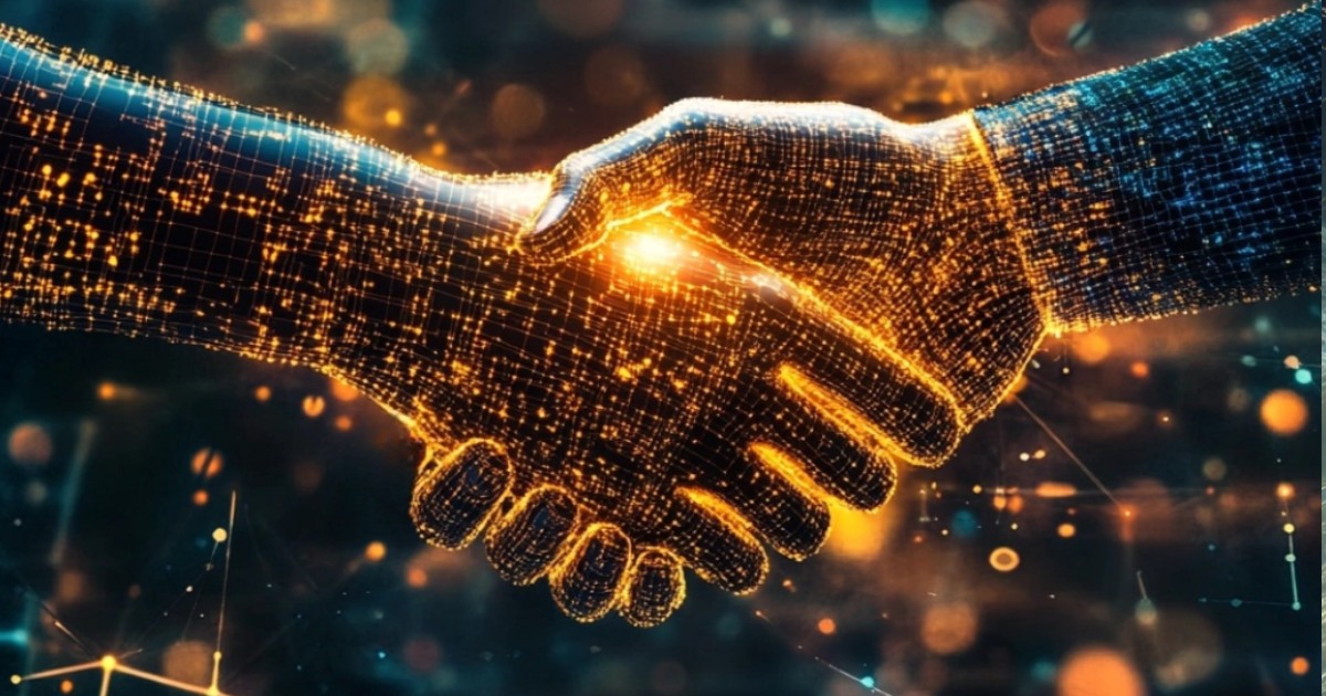 Immagine di una stretta di mano digitale, formata da punti luminosi e linee, che rappresenta un accordo o una collaborazione in un contesto tecnologico. La scena è composta da elementi futuristici, con luci e pixel che simboleggiano la connessione tra due entità digitali o umane. L'illustrazione evoca concetti di fiducia, innovazione e progresso nell'ambito delle tecnologie digitali.