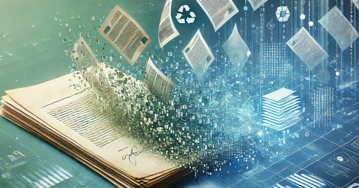 L'immagine raffigura la transizione di documenti cartacei in formato digitale. Un libro o fascicolo fisico si dissolve in frammenti digitali, con fogli di carta che fluttuano verso l'alto e si trasformano in simboli e dati digitali. È un'immagine che evoca l'idea della digitalizzazione e della dematerializzazione dei documenti, con riferimenti a bit, byte e codice binario che rappresentano il passaggio dalla carta ai dati elettronici.
