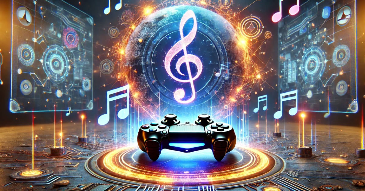 Un controller per videogiochi si trova al centro di una piattaforma circolare futuristica, circondata da effetti di luce e circuiti elettronici. Sullo sfondo, un grande simbolo di chiave di violino luminoso è incorniciato da un globo energetico, mentre note musicali fluttuano nell'aria. Schermi olografici ai lati mostrano interfacce digitali con elementi tecnologici e schemi complessi, creando un'atmosfera futuristica che unisce musica e gaming.
