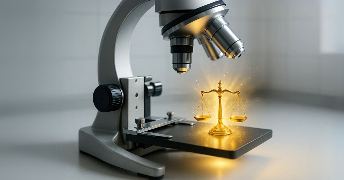 Un microscopio osserva una bilancia della giustizia illuminata su un vetrino, simbolo della ricerca indipendente nel campo legale.