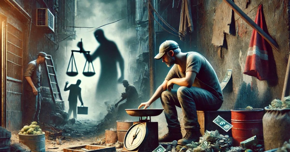 L'immagine raffigura una scena suggestiva in un vicolo angusto e oscuro. Al centro, un uomo con un berretto e una barba è seduto su una cassa, intento a pesare qualcosa su una bilancia, circondato da monete e banconote sparse a terra. Sullo sfondo, le ombre di due figure inquietanti si stagliano contro una parete, una delle quali tiene una bilancia della giustizia, simboleggiando forse un giudizio o un'ombra di legalità che incombe sulla scena. L'atmosfera generale è cupa e ricca di tensione, evocando un senso di precarietà e riflessione sul valore e la giustizia.