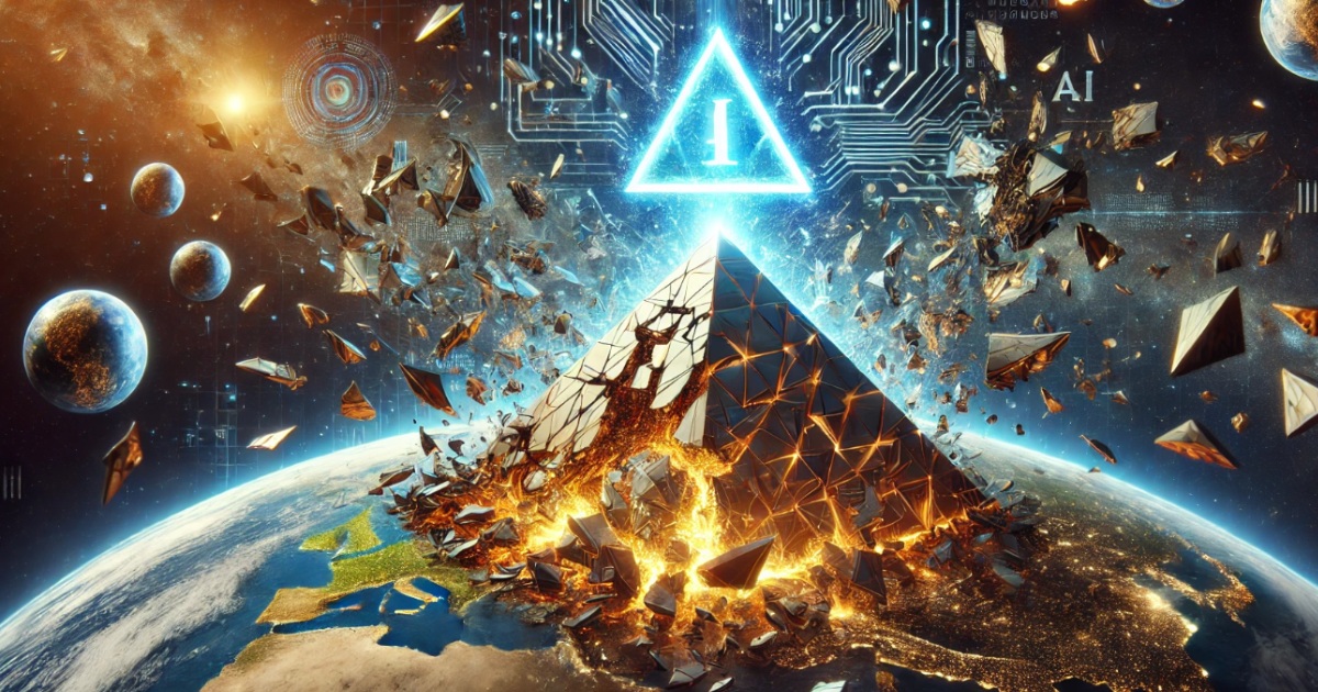 Questa immagine sembra rappresentare un concetto futuristico e digitale, che unisce elementi di spazio, tecnologia avanzata e la distruzione di una struttura piramidale. Sullo sfondo si vedono pianeti, materia cosmica e motivi di circuiti, con un forte focus sulla piramide che viene distrutta. L'immagine include anche un simbolo luminoso di