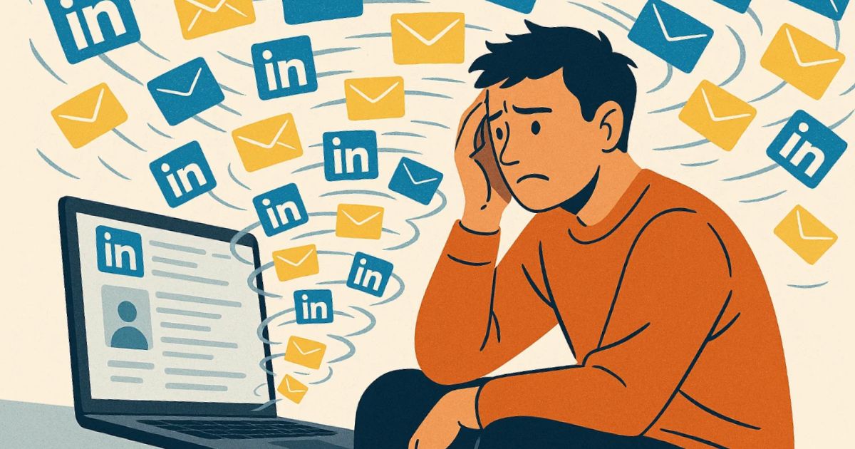 Uomo infastidito da un sovraccarico di messaggi su LinkedIn, simbolo dell’abuso della privacy nelle comunicazioni digitali.
