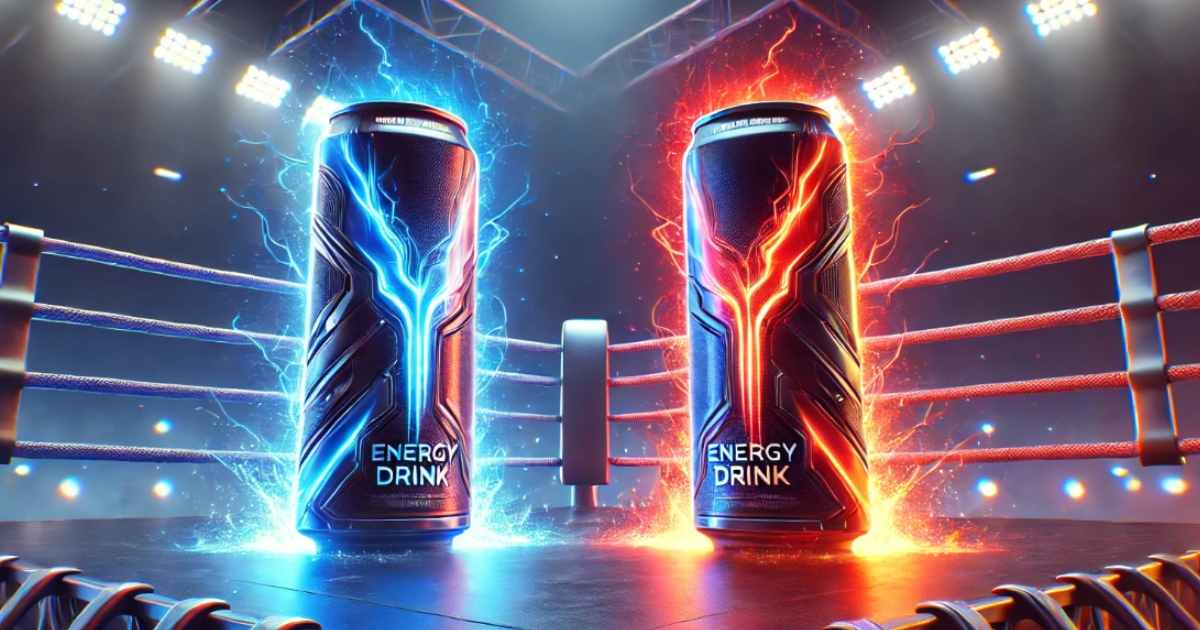 Due lattine di energy drink, una con elettricità blu e l'altra con energia rossa, si affrontano come sfidanti in un ring da boxe illuminato da potenti riflettori. L'immagine evoca una competizione intensa e un'atmosfera di potenza ed energia. Two energy drink cans, one emitting blue electricity and the other glowing with red energy, face off like challengers in a boxing ring under bright spotlights. The image conveys a sense of intense competition and high energy.