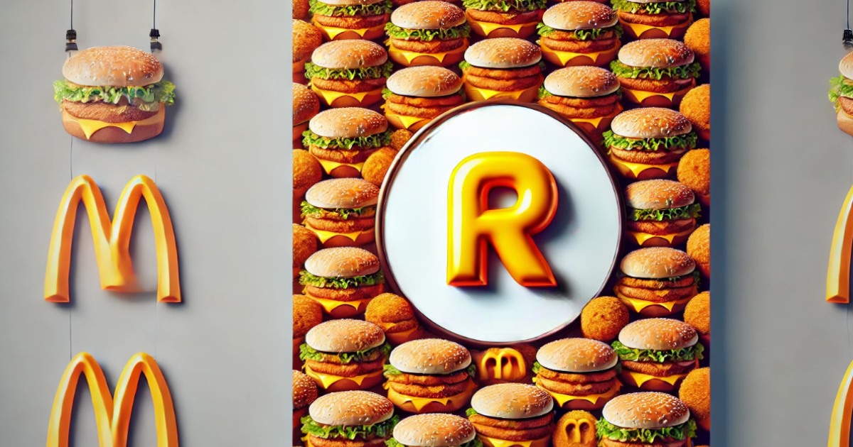 L'immagine mostra una combinazione di elementi legati al marchio McDonald's. Sullo sfondo ci sono diversi hamburger disposti in un motivo ripetitivo. Al centro dell'immagine, c'è una grande lettera