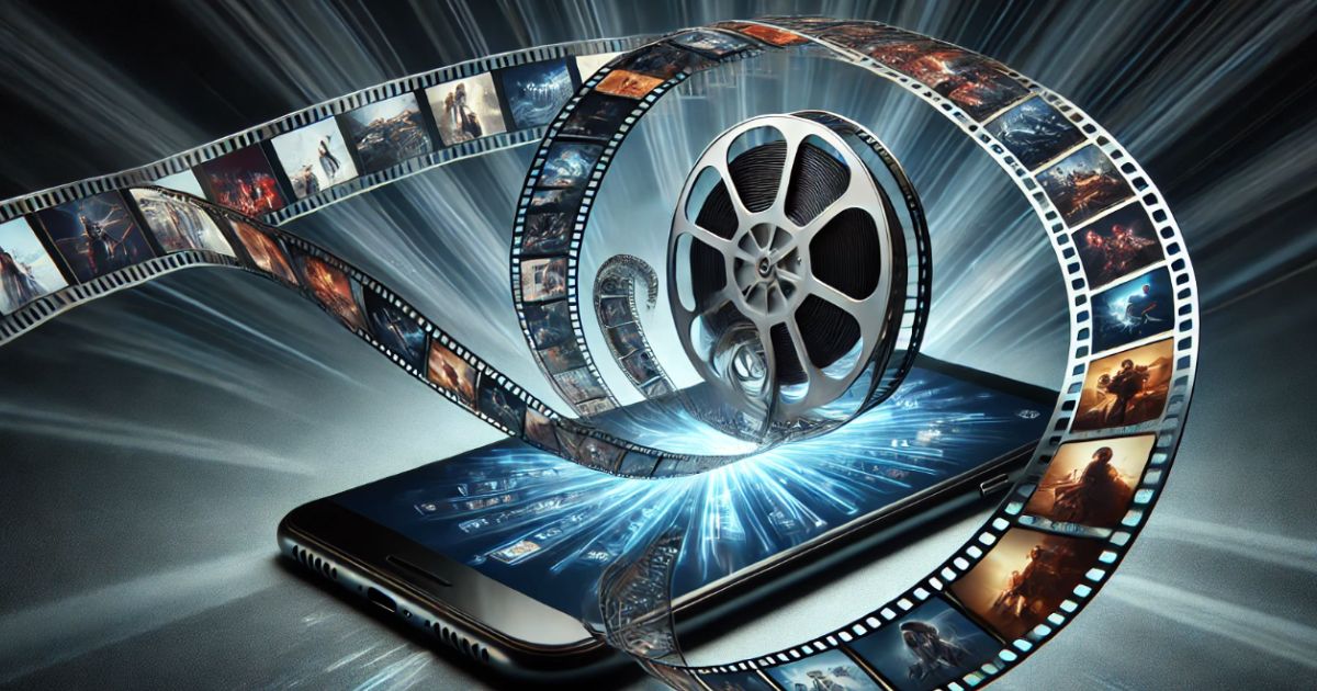 Uno smartphone con una pellicola cinematografica che si estende da esso, con immagini di film che appaiono sulla striscia del film. Lo sfondo è una luce esplosiva futuristica, simbolo della trasformazione digitale del cinema e dei media. A smartphone with a film reel extending from it, with images from movies appearing on the film strip. The background is a futuristic burst of light, symbolizing the digital transformation of cinema and media