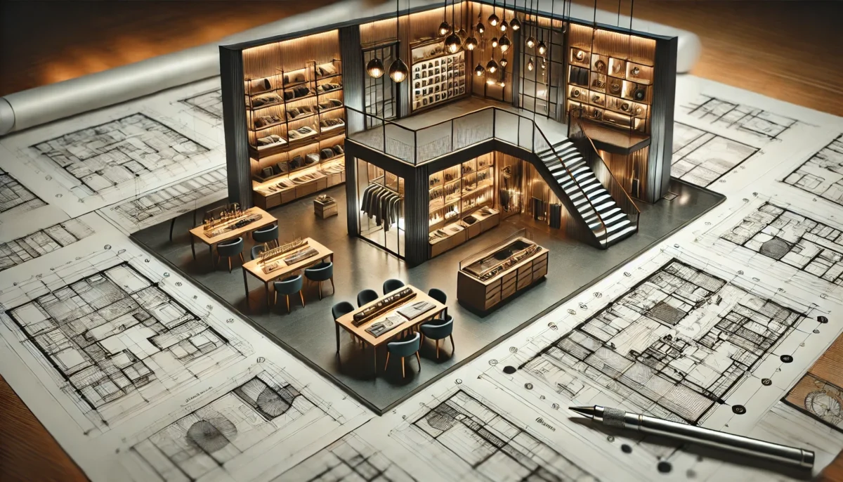 L'immagine rappresenta un concept visivo sofisticato che combina elementi di architettura, design e tutela del layout commerciale, evidenziando la centralità della progettazione nello sviluppo di spazi unici.