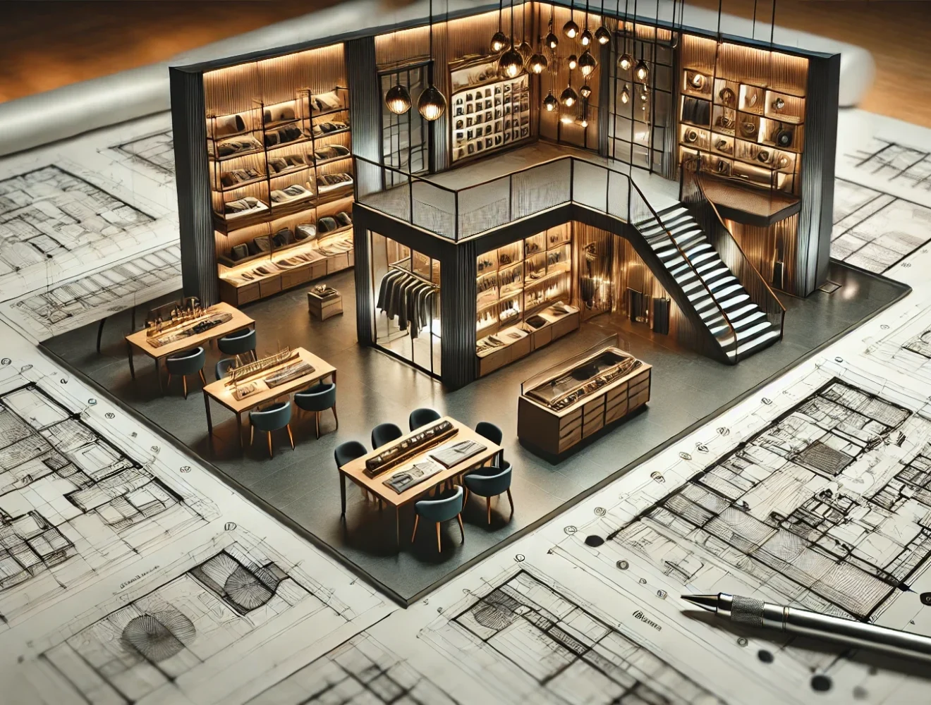 L'immagine rappresenta un concept visivo sofisticato che combina elementi di architettura, design e tutela del layout commerciale, evidenziando la centralità della progettazione nello sviluppo di spazi unici.