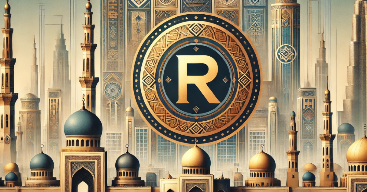 L'immagine mostra un'architettura ornata in stile mediorientale, con numerose cupole dorate e torri che ricordano i minareti di moschee. Al centro dell'immagine c'è un grande cerchio decorato con intricati motivi geometrici, tipici dell'arte islamica. All'interno del cerchio è presente una grande lettera