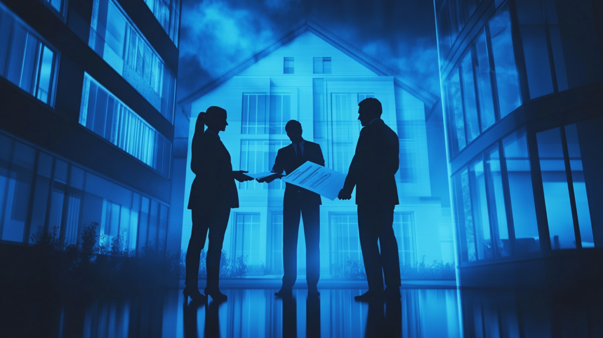 Tre figure professionali discutono la firma di un contratto davanti a un edificio residenziale moderno, simbolo di trattativa immobiliare. Il contesto rappresenta una situazione legale legata alla provvigione mediatore. Three professionals discussing contract signing in front of a modern residential building, representing a legal situation involving the real estate agent's commission.