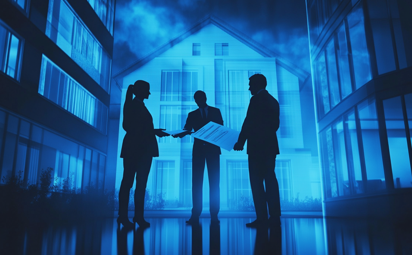 Tre figure professionali discutono la firma di un contratto davanti a un edificio residenziale moderno, simbolo di trattativa immobiliare. Il contesto rappresenta una situazione legale legata alla provvigione mediatore. Three professionals discussing contract signing in front of a modern residential building, representing a legal situation involving the real estate agent's commission.