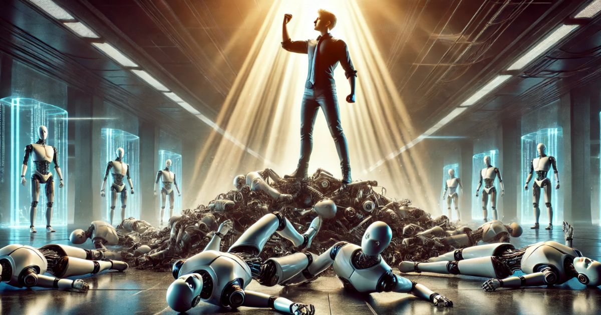 A person standing triumphantly on top of a pile of defeated robots, with a dramatic light shining down on them. The surrounding scene depicts humanoid robots standing in the background, some in glowing storage units. Una persona in piedi trionfante sopra un cumulo di robot sconfitti, con una luce drammatica che scende su di loro. La scena circostante mostra robot umanoidi in piedi sullo sfondo, alcuni all'interno di unità di stoccaggio illuminate.