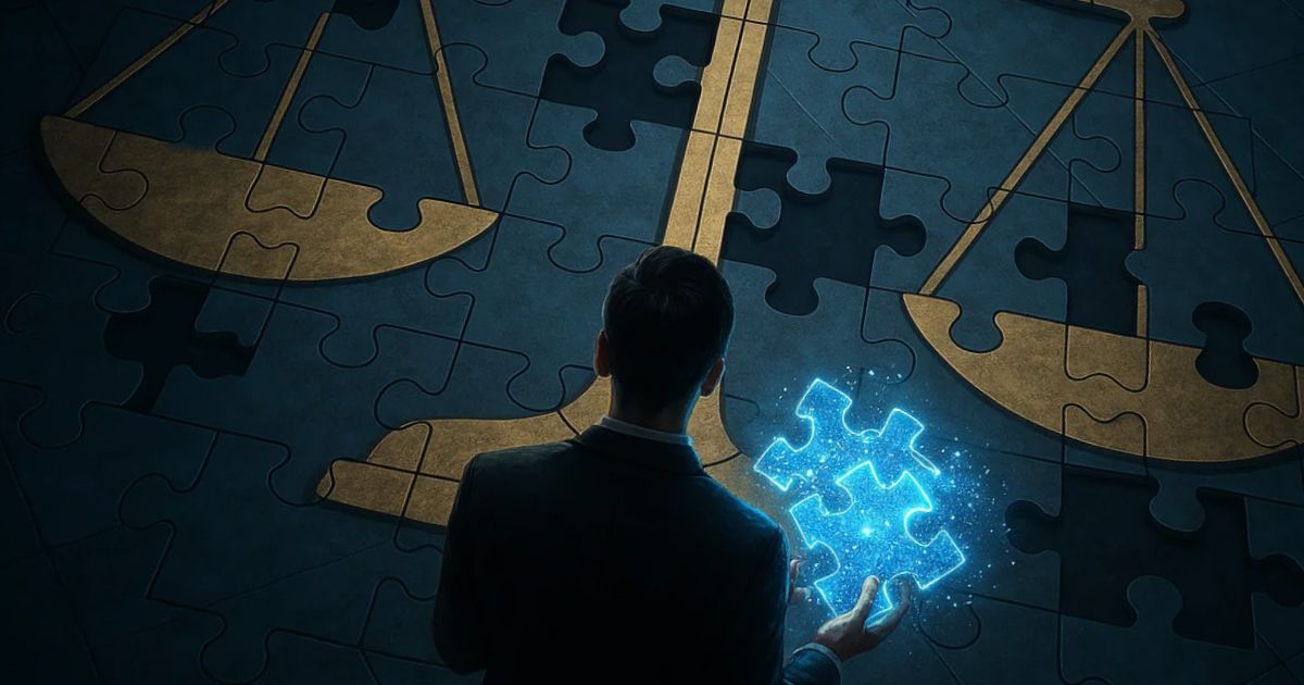 Un uomo osserva un puzzle incompleto che forma una bilancia dorata, mentre tiene in mano un tassello luminoso: una rappresentazione visiva dell'analogia giuridica come strumento per completare i vuoti normativi.