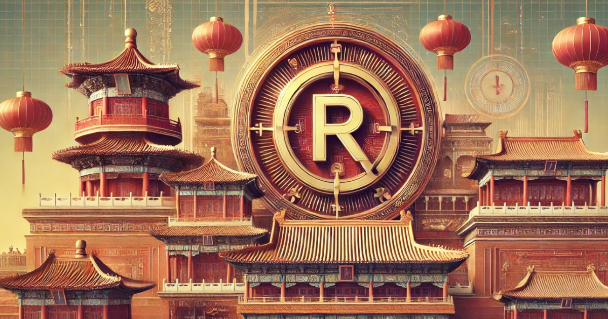 L'immagine mostra un'ambientazione ispirata all'architettura tradizionale cinese, con edifici dai tetti curvi e ricchi dettagli ornamentali tipici delle strutture storiche della Cina imperiale. Al centro, in evidenza, c'è un grande simbolo a forma di lettera