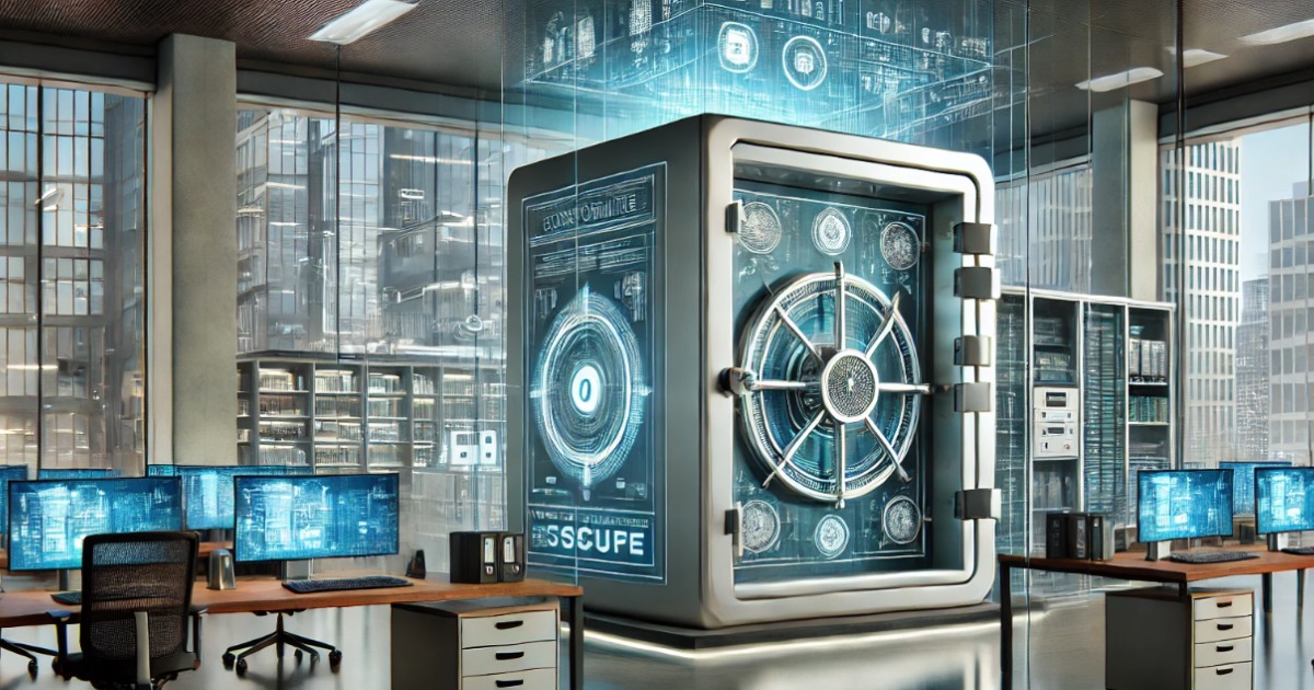 Un'immagine di un moderno ufficio con una grande cassaforte digitale al centro. La cassaforte ha un design futuristico con schermi digitali e indicatori luminosi. Intorno alla cassaforte ci sono diverse scrivanie con computer e monitor che mostrano dati e informazioni. Le pareti dell'ufficio sono di vetro, permettendo la vista di altri edifici al di fuori. L'ambiente sembra essere altamente tecnologico e sicuro.