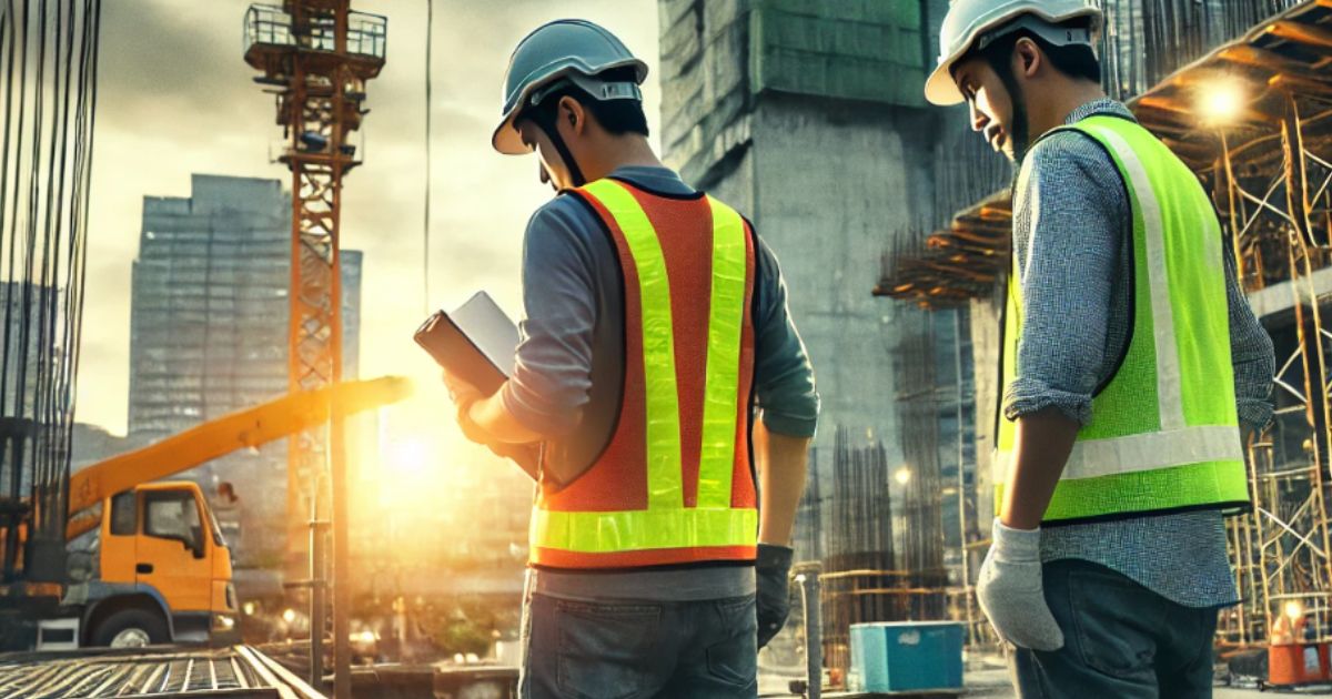 L'immagine mostra due lavoratori edili con caschi di protezione e giubbotti ad alta visibilità, uno dei quali tiene in mano un blocco per appunti. Entrambi sono in piedi su un cantiere con gru e impalcature sullo sfondo, mentre la luce del sole al tramonto illumina la scena.