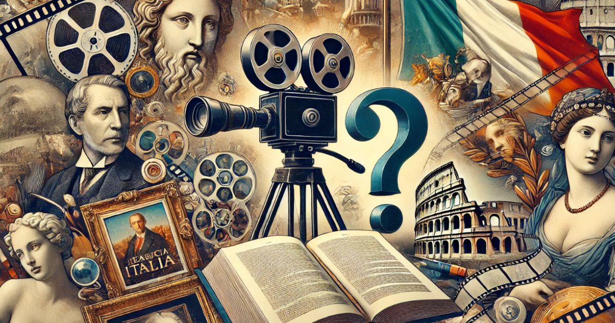 L'immagine rappresenta una composizione artistica che integra elementi della cultura e storia italiana con il mondo del cinema. Al centro, una vecchia cinepresa a rulli si erge sopra un libro aperto, simbolo di conoscenza e narrativa. A destra, si scorge il Colosseo e una figura classica che ricorda una dea dell'antichità. Intorno alla cinepresa, si vedono volti storici, pellicole cinematografiche e simboli dell'arte. Sullo sfondo, è visibile una bandiera italiana e diverse immagini legate al patrimonio culturale. Un grande punto interrogativo vicino alla cinepresa suggerisce un mistero o una domanda legata al ruolo del cinema o della cultura nella storia d'Italia.