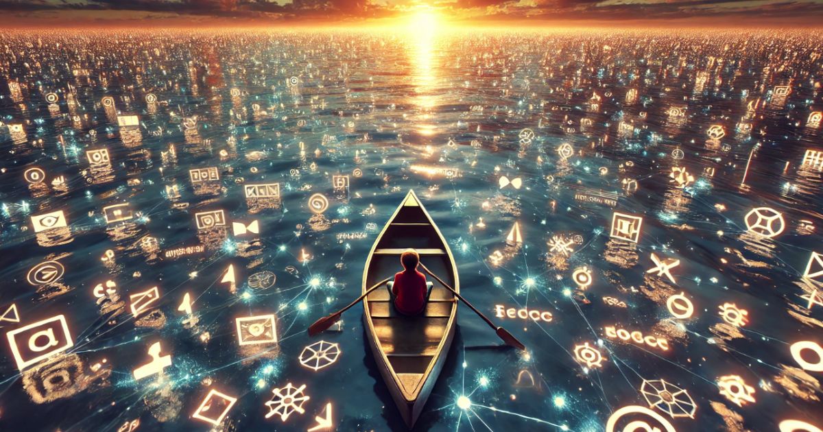 Una persona in una barca solitaria rema su un vasto oceano illuminato da un tramonto, circondata da icone luminose che galleggiano sull'acqua, simbolizzando la connessione digitale e l'immensità delle reti tecnologiche.