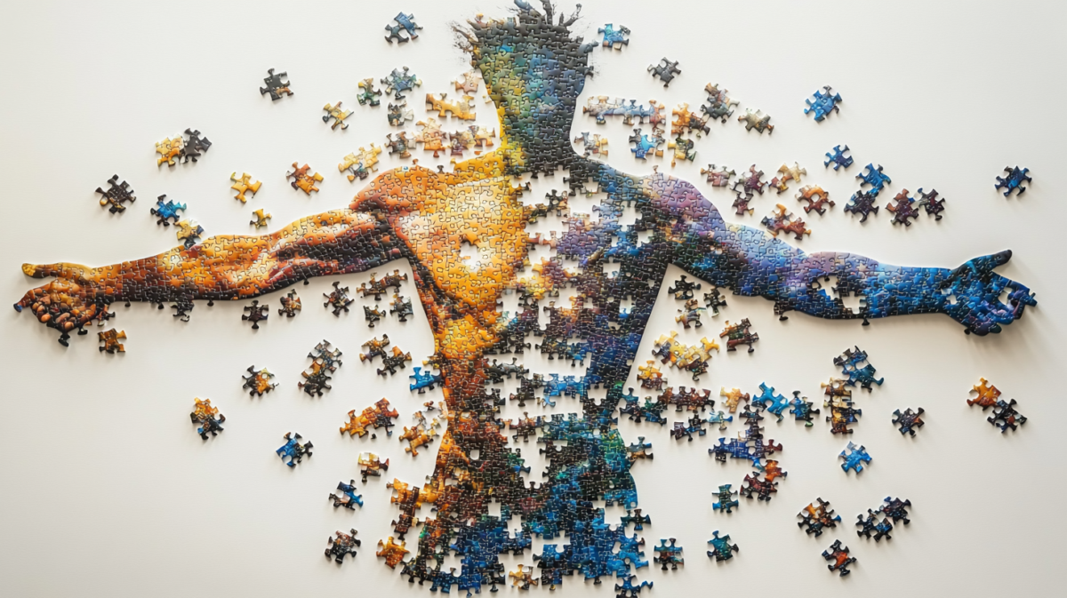 L'immagine mostra una figura umana composta da pezzi di puzzle in fase di assemblaggio. La figura, con le braccia aperte, sembra essere in parte completa, mentre altri pezzi sono sparsi attorno. I colori del puzzle sono variopinti, creando un effetto visivo che mescola diverse tonalità, dando vita a un'immagine dinamica e suggestiva.