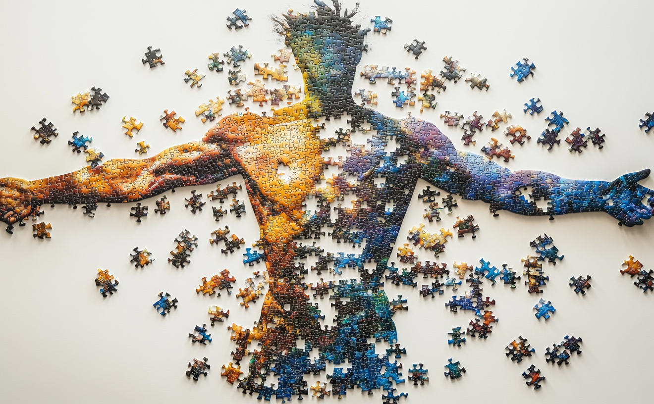 L'immagine mostra una figura umana composta da pezzi di puzzle in fase di assemblaggio. La figura, con le braccia aperte, sembra essere in parte completa, mentre altri pezzi sono sparsi attorno. I colori del puzzle sono variopinti, creando un effetto visivo che mescola diverse tonalità, dando vita a un'immagine dinamica e suggestiva.