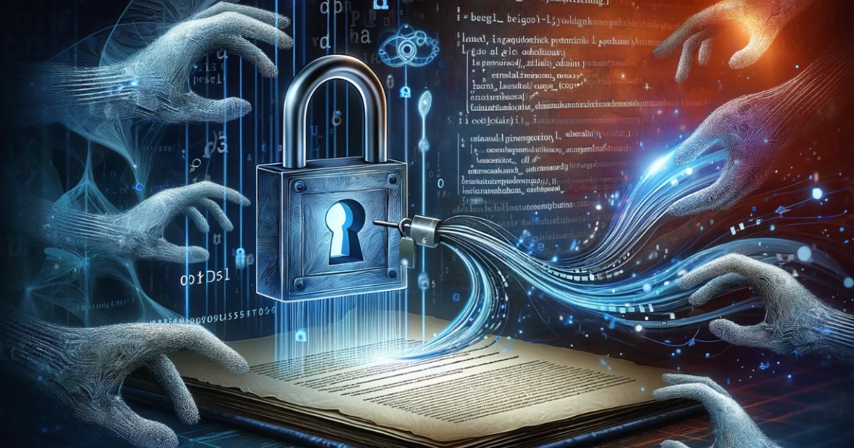Illustrazione concettuale di sicurezza informatica: un libro aperto con un lucchetto al centro, circondato da mani scheletriche che cercano di accedere a dati digitali e flussi di informazioni, simboleggiando la protezione contro i cyber attacchi e la violazione dei dati.