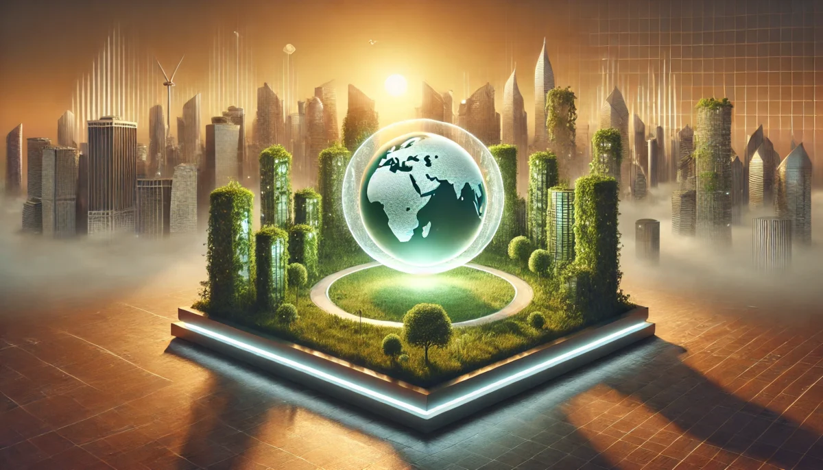 Illustrazione futuristica di una città sostenibile con grattacieli ricoperti di vegetazione e un grande globo trasparente al centro, che raffigura la Terra illuminata. L'ambiente è avvolto in una leggera nebbia, con il sole che tramonta sullo sfondo. L'atmosfera unisce tecnologia e natura, rappresentando un'idea di urbanizzazione ecologica e innovativa.