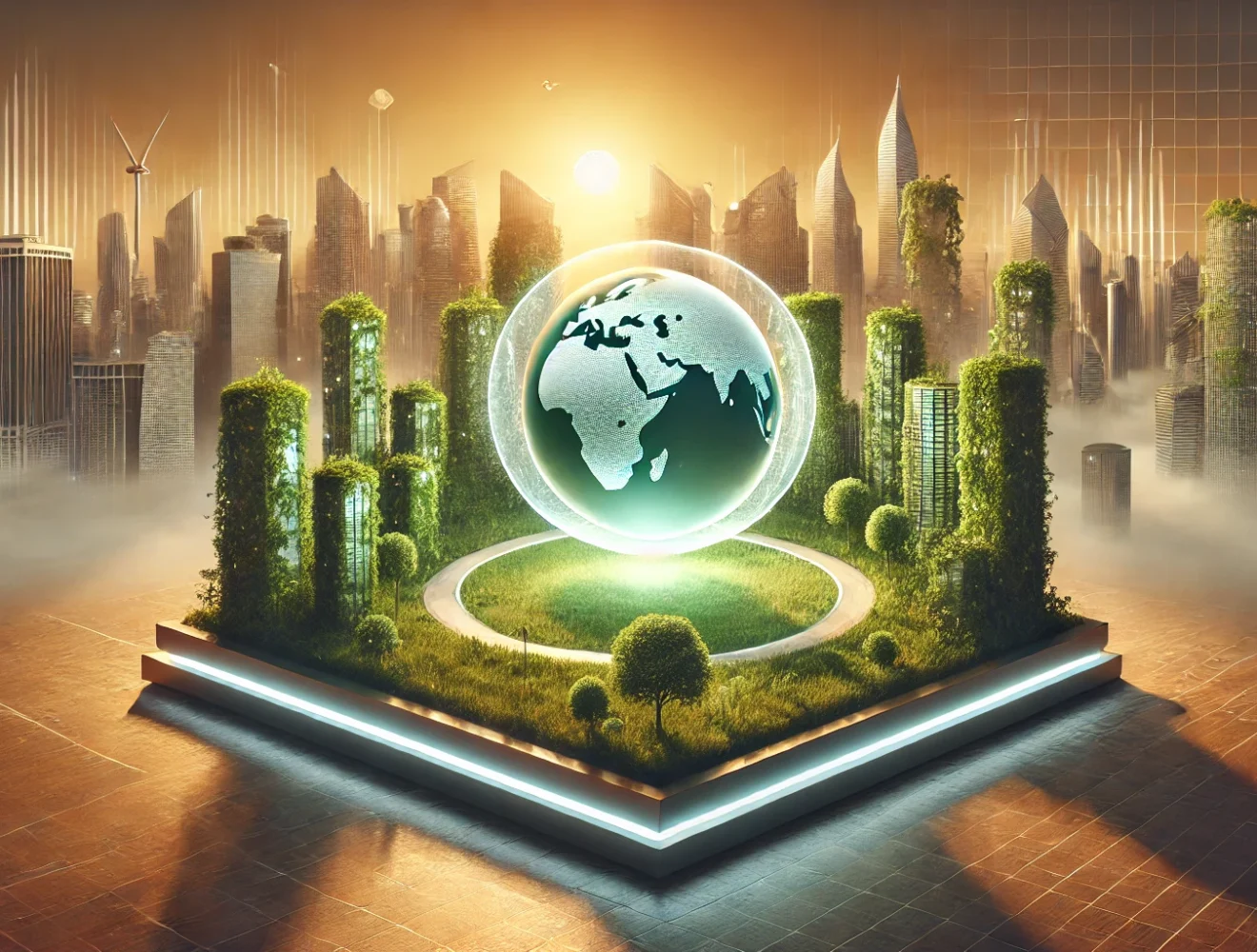 Illustrazione futuristica di una città sostenibile con grattacieli ricoperti di vegetazione e un grande globo trasparente al centro, che raffigura la Terra illuminata. L'ambiente è avvolto in una leggera nebbia, con il sole che tramonta sullo sfondo. L'atmosfera unisce tecnologia e natura, rappresentando un'idea di urbanizzazione ecologica e innovativa.