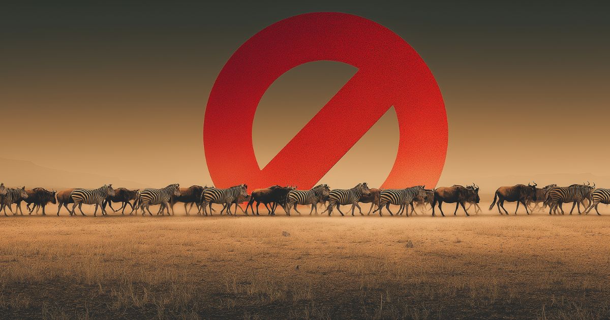 Grande migrazione nel Maasai Mara con zebre e gnu davanti a un simbolo di divieto, metafora del conflitto tra tutela dell’ecosistema e sviluppo turistico. Maasai Mara il caso del resort costruito sulla rotta della Grande Migrazione